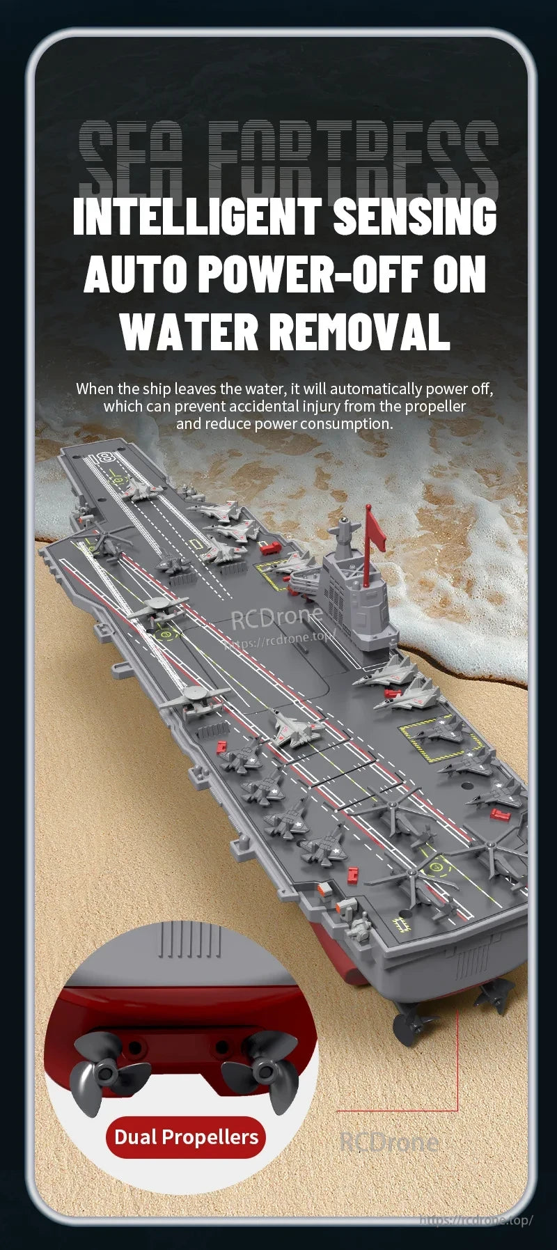 S19 RC Warship, The Sea Fortress RC warship features intelligent sensing, automatic power-off when removed from water, and dual propellers for enhanced safety and efficiency.