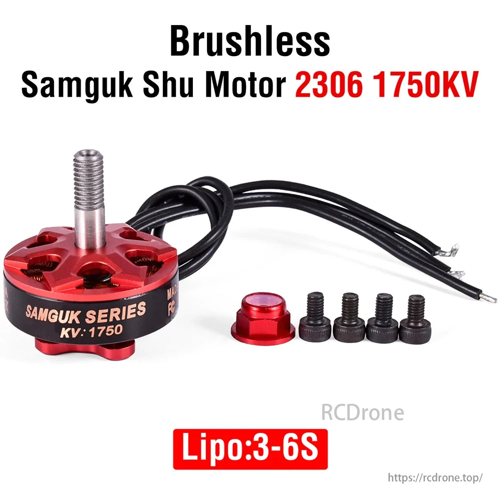 Samguk Shu 2306 brushless motor, 1750KV, compatible with 3-6S Lipo batteries, includes accessories.