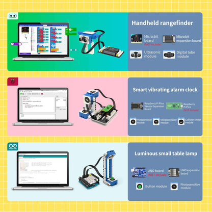 Project examples using sensor blocks with micro:bit, Raspberry Pi Pico and Arduino UNO: rangefinder, alarm clock, table lamp
