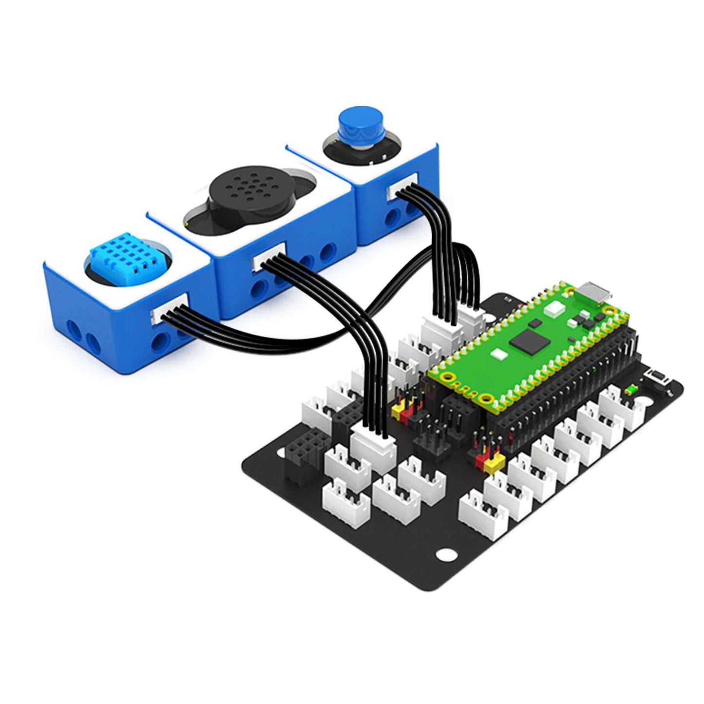 Raspberry Pi Pico mounted on PH2.0 sensor expansion board with multiple plug-in module cables connected