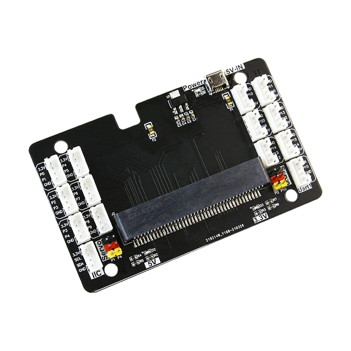 Top view of Yahboom PH2.0 sensor expansion board showing edge connector, labeled ports and power pads