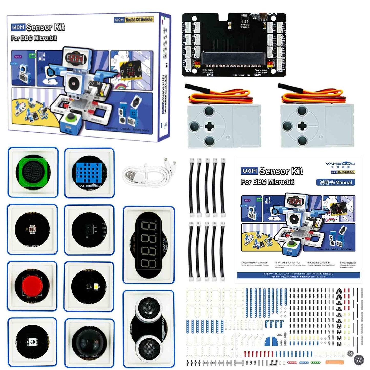 Included components flat lay showing sensor modules, expansion board, gamepads, cables, manual, and hardware set