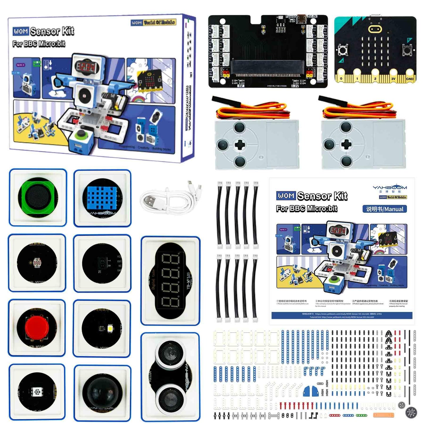 Yahboom World of Module sensor kit for BBC micro:bit V2 contents layout with sensors, board, cables, box and manual