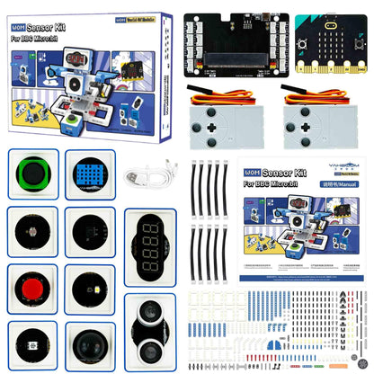 Yahboom World of Module sensor kit for BBC micro:bit V2 contents layout with sensors, board, cables, box and manual