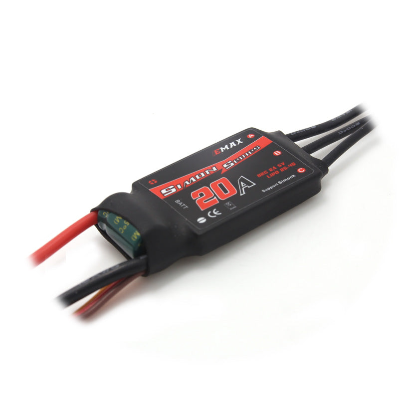 EMAX Simon Series 20A SimonK ESC angled view with heat-shrink case and attached power and signal leads