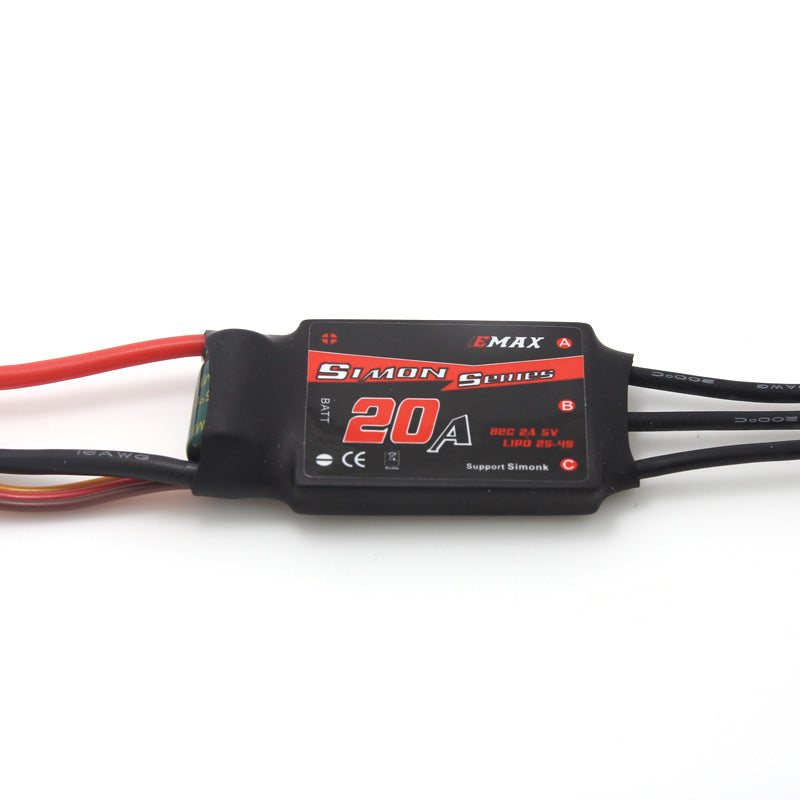 Top label view of EMAX Simon Series 20A ESC showing wiring ends and polarity markings