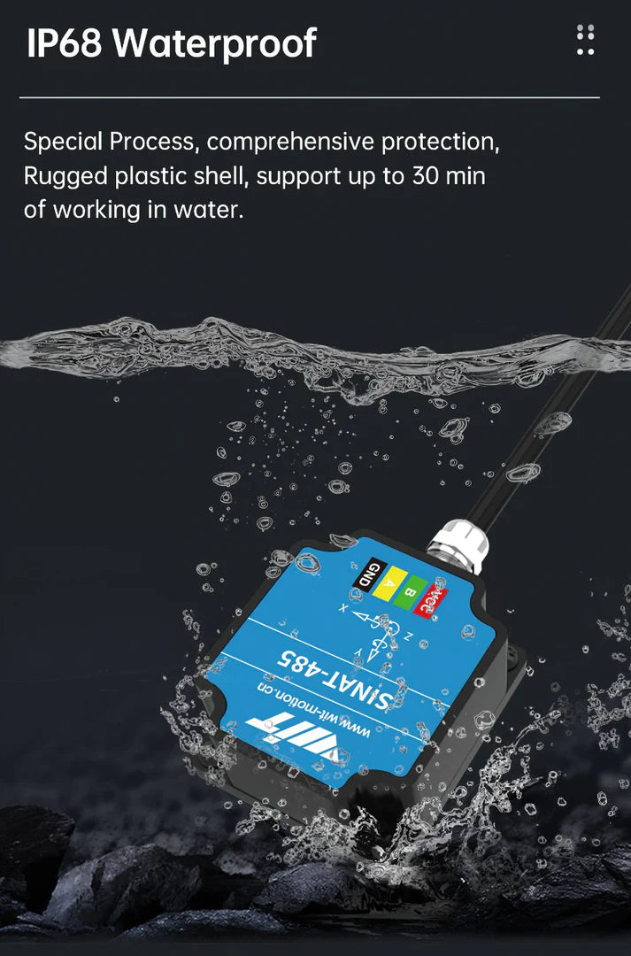 IP68 waterproof dual-axis inclinometer with 0.2° accuracy, RS485, 5–36V, rugged plastic shell, operates underwater for 30 minutes.