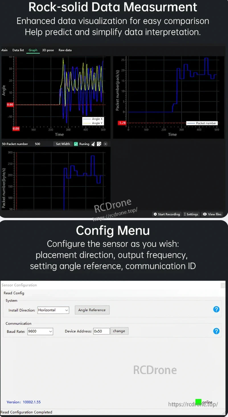 SINAT-485 Inclinometer, Enhanced data measurement with customizable sensors and real-time angle/packet visualization. Supports direction, angle reference, baud rate, device address. Version 10002.1.55.