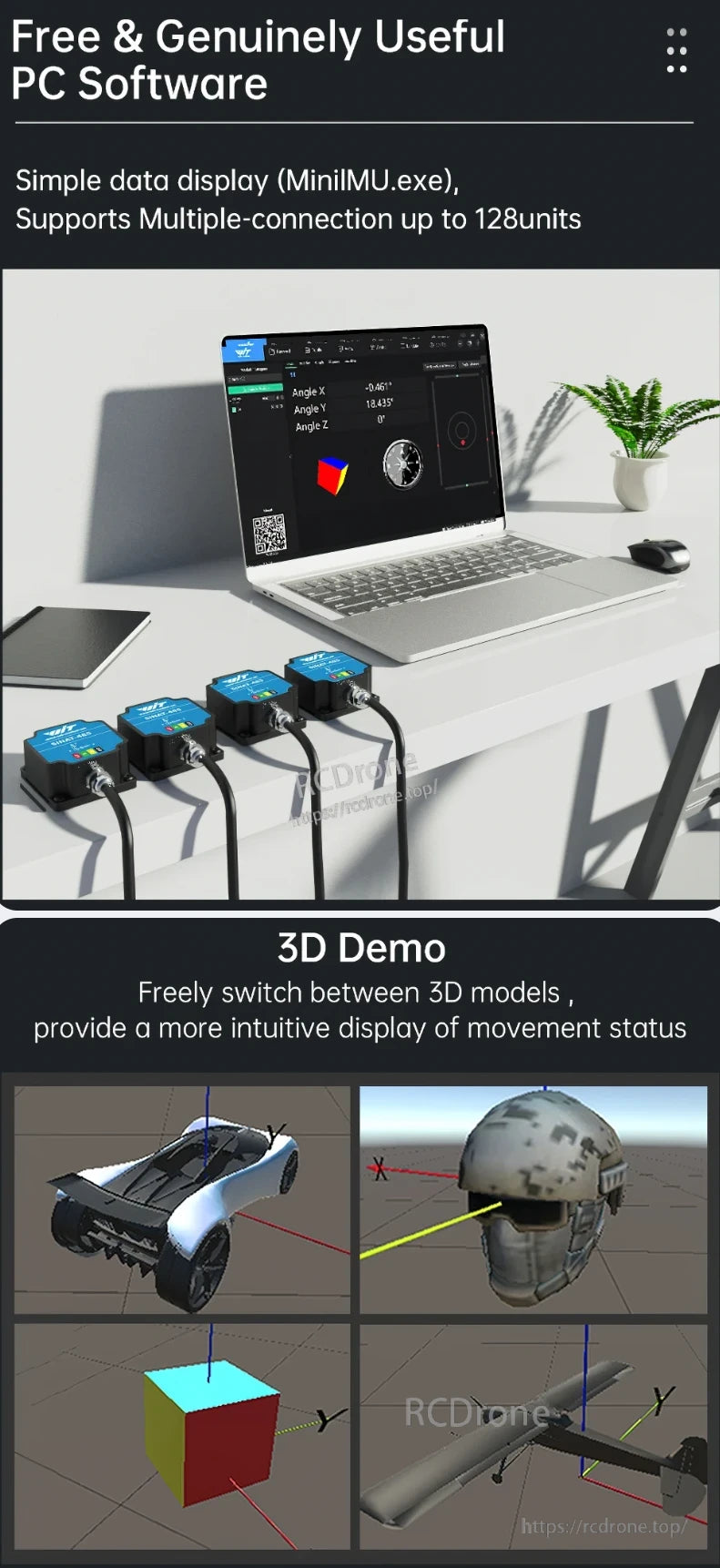 Free PC software for SINAT-485 inclinometer supports 128 units, displays angles and 3D models for intuitive movement tracking.