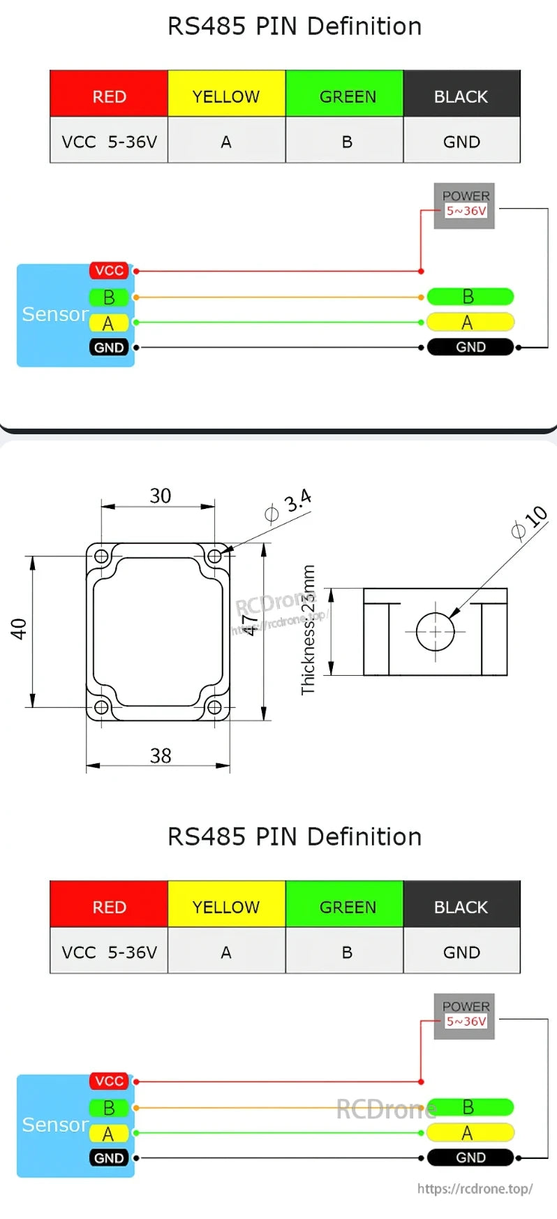 SINAT-485 Inclinometer, RS485 pinout: red (VCC 5-36V), yellow (A), green (B), black (GND). Sensor size: 40x47mm, 23mm thick. Mounting holes: 3.4mm, central hole 10mm.