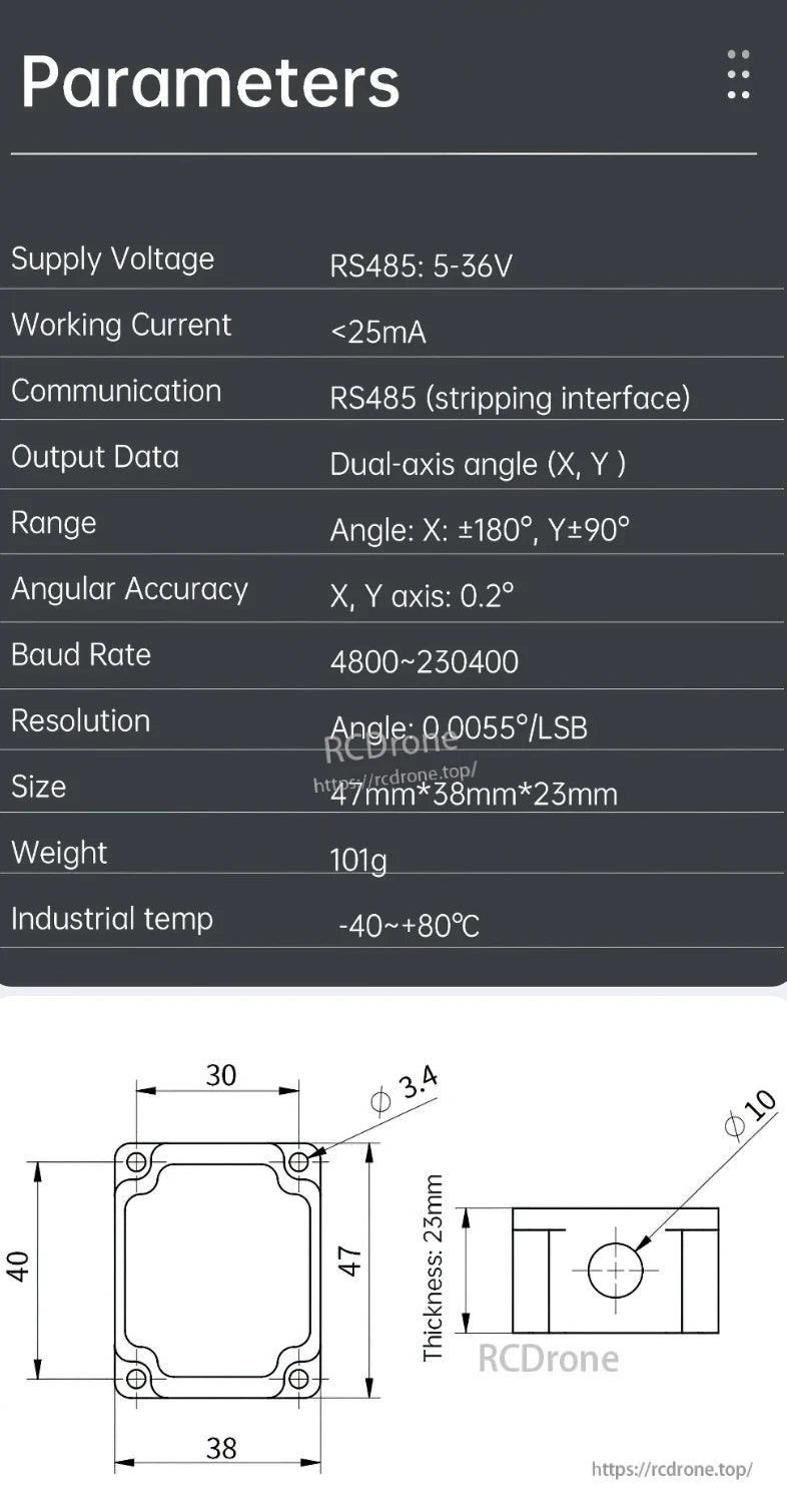 The SINAT-485 inclinometer offers dual-axis angle output, ±180°/±90° range, 0.2° accuracy, compact size, lightweight, and wide temperature operation.