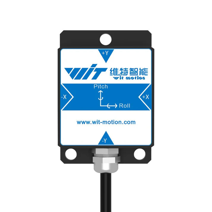 WitMotion dual-axis inclinometer: 0.1° accuracy, 0.01° resolution, RS232/RS485/TTL, IP67, 9–36V.