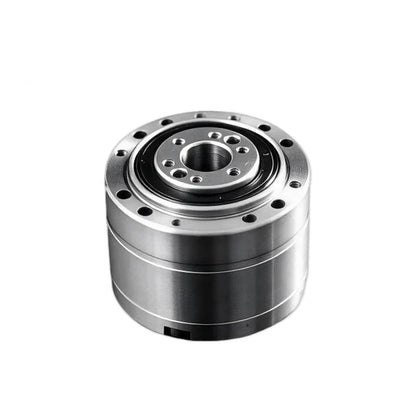Metallic SINOTUP TF30 reducer shown from the output side, with a central bore and circular mounting-hole pattern.