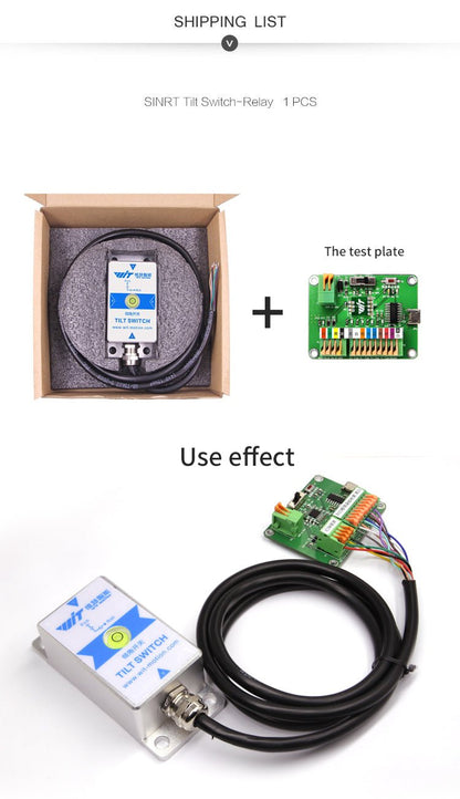 Package contents: SINRT tilt switch with cable plus relay test plate board shown on shipping list graphic