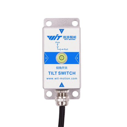 WitMotion Tilt Switch: dual-axis inclinometer with relay output, RS232/TTL, IP67, ±90° range, 0.01° resolution, pitch and roll indicators.