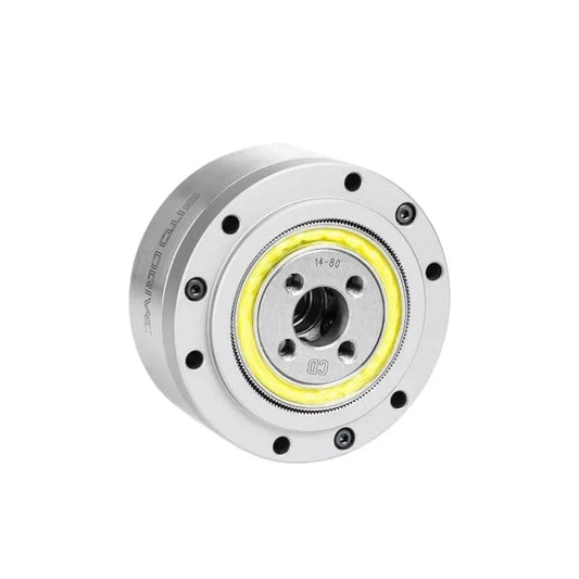 Angled front view of the SITO DRIVE CD-14 reducer with yellow internal ring and central threaded mounting face.