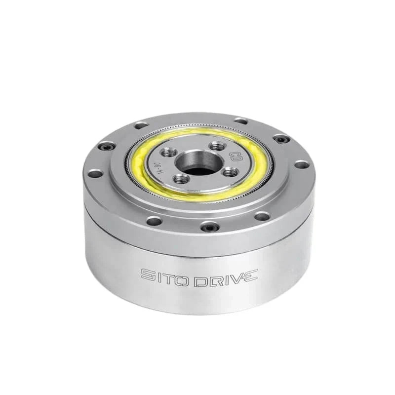 Three-quarter top view of the SITO DRIVE CD-14 reducer showing its cylindrical housing, mounting holes, and yellow inner ring.
