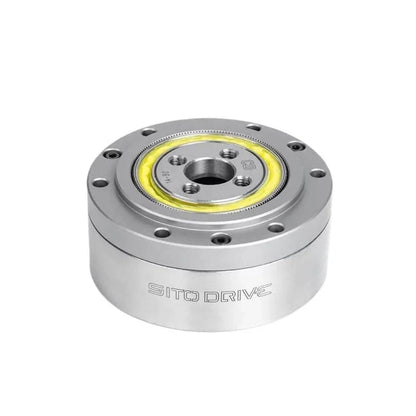 Three-quarter top view of the SITO DRIVE CD-14 reducer showing its cylindrical housing, mounting holes, and yellow inner ring.