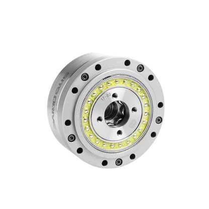 Angled front view of the silver SITO DRIVE CD-17 reducer with central bore, mounting holes, and yellow bearing ring.