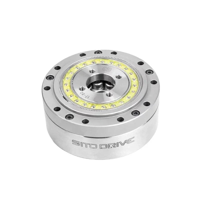 Three-quarter top view of the SITO DRIVE CD-17 reducer showing the circular face, yellow bearing ring, and engraved side branding.