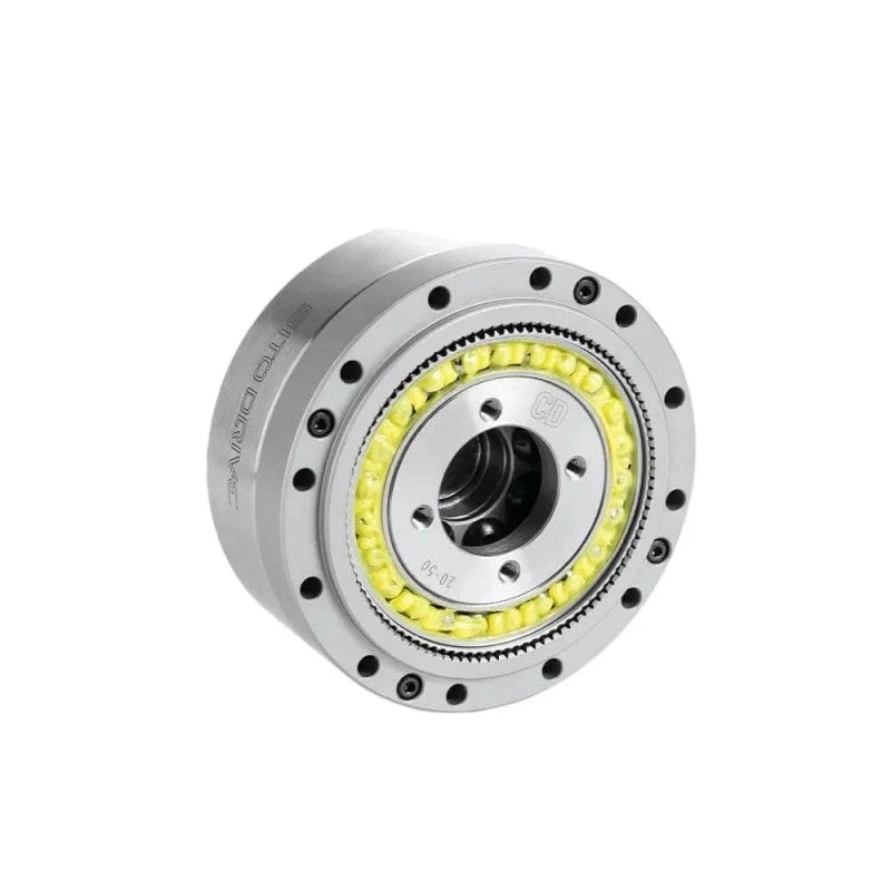 Angled front view of the SITO DRIVE CD-20 reducer with central bore, mounting holes, and yellow internal ring.