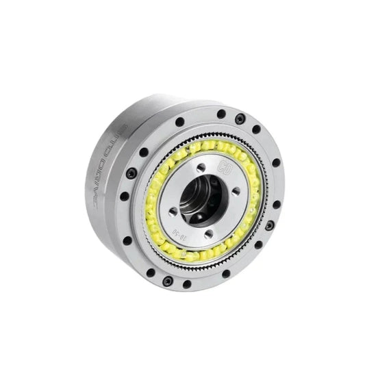 Angled front view of the SITO DRIVE CD-20 reducer with central bore, mounting holes, and yellow internal ring.