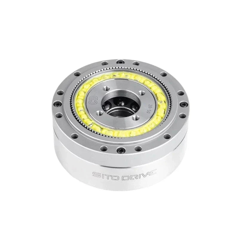 Elevated front view of the SITO DRIVE CD-20 reducer showing its circular housing, central bore, and yellow internal ring.