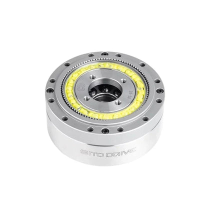 Elevated front view of the SITO DRIVE CD-20 reducer showing its circular housing, central bore, and yellow internal ring.
