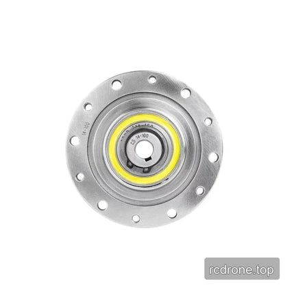 Front-on view of the CS 14-100 reducer flange with circular mounting holes, central bore, and yellow inner ring.
