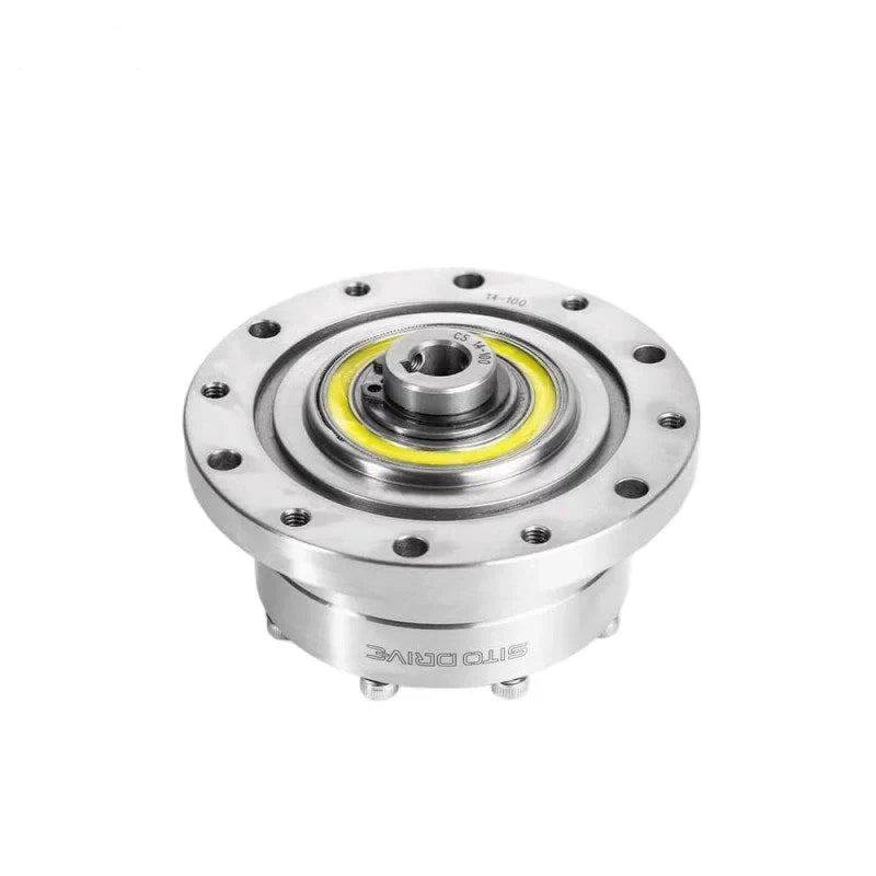 Angled top view of the SITO DRIVE CS-14-I reducer, showing its flanged rim, raised center hub, and yellow inner ring.