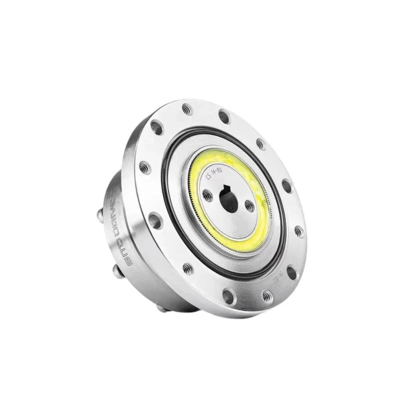 Angled front view of the stainless steel SITO DRIVE CS-14-II reducer with circular mounting flange and yellow inner ring.