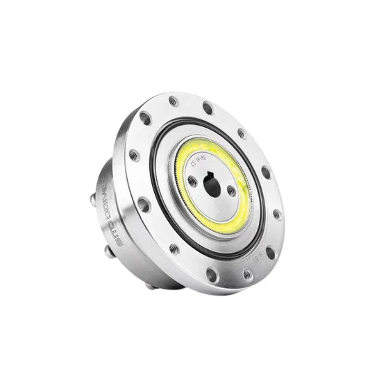 Angled front view of the stainless steel SITO DRIVE CS-14-II reducer with circular mounting flange and yellow inner ring.