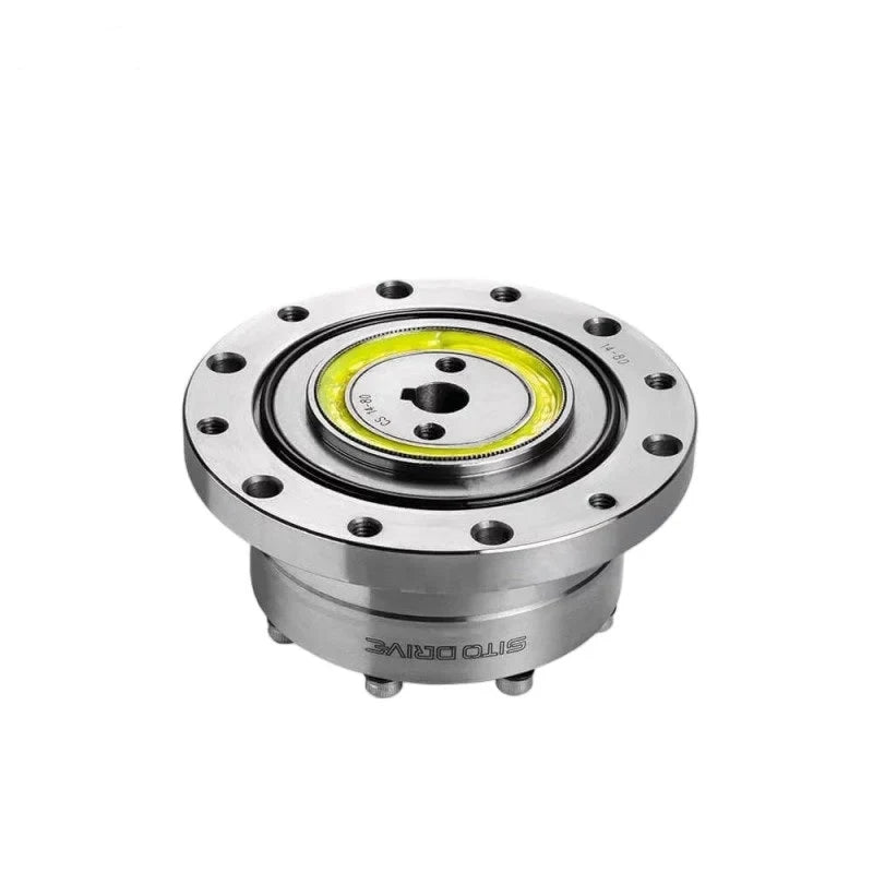 Elevated front view of the SITO DRIVE CS-14-II reducer showing the circular flange, yellow inner ring, and central bore.
