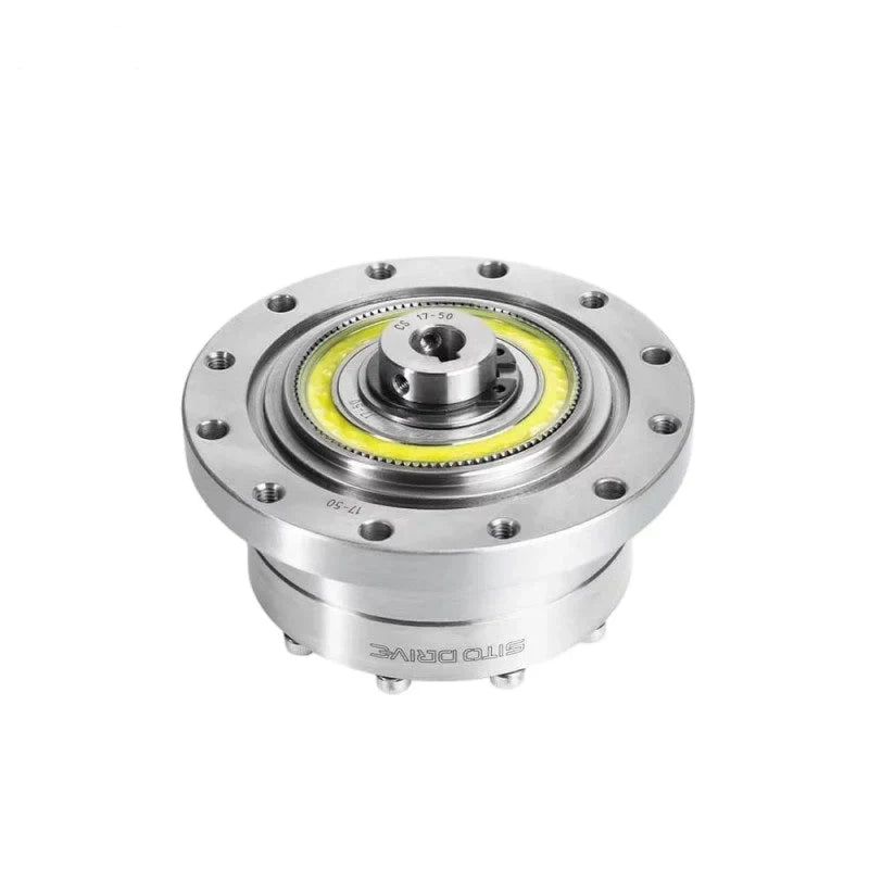 Top angled view of the SITO DRIVE CS-17-I reducer showing its circular flange, central hub, and yellow ring.
