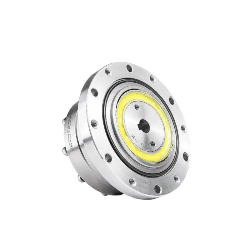 Angled front view of the SITO DRIVE CS-17-II reducer with circular mounting flange and yellow ring.