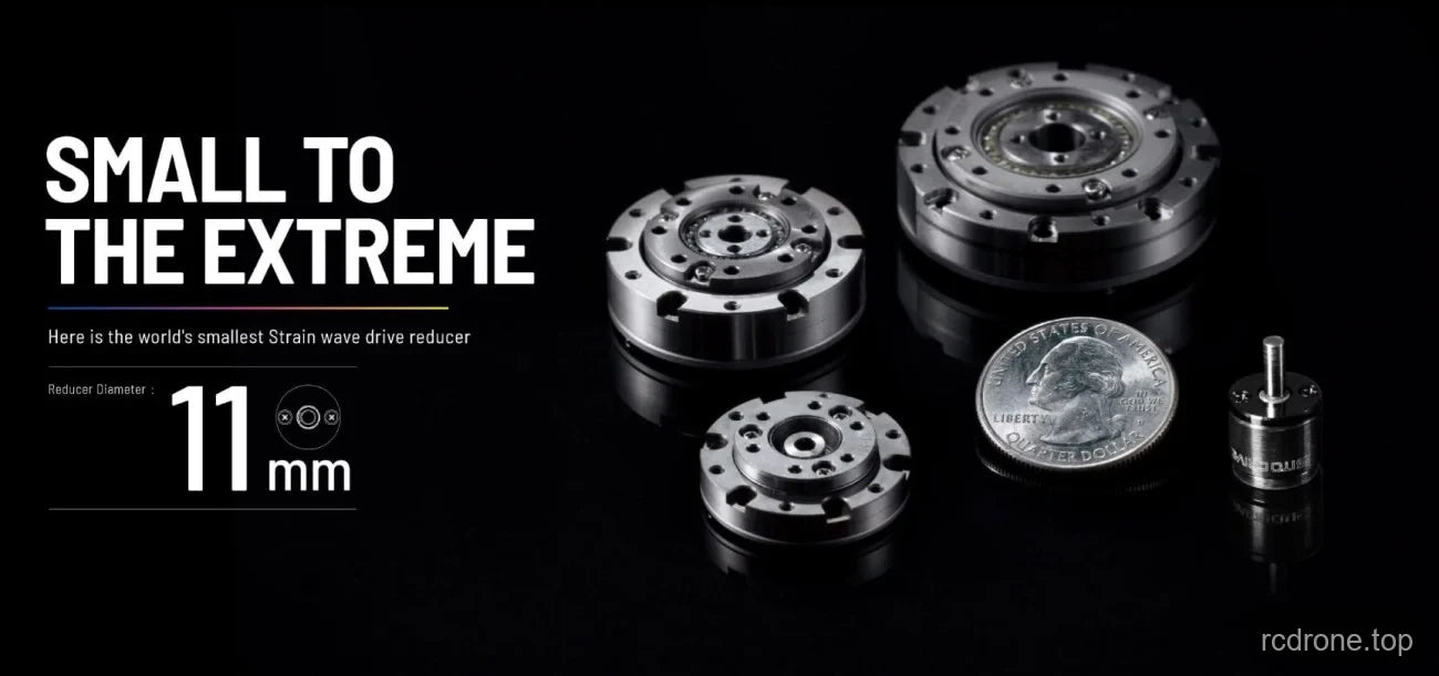 Small reducer models beside a U.S. dime with an 11 mm claim
