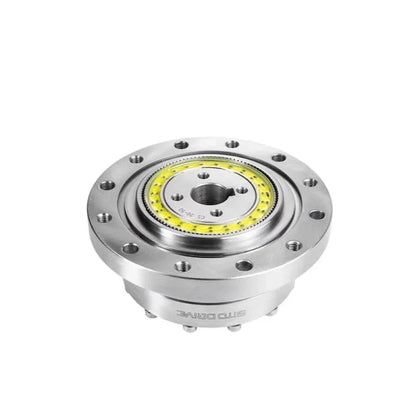 Low angled front view of the silver SITO DRIVE CS-20-II reducer showing the flanged face and yellow internal ring.