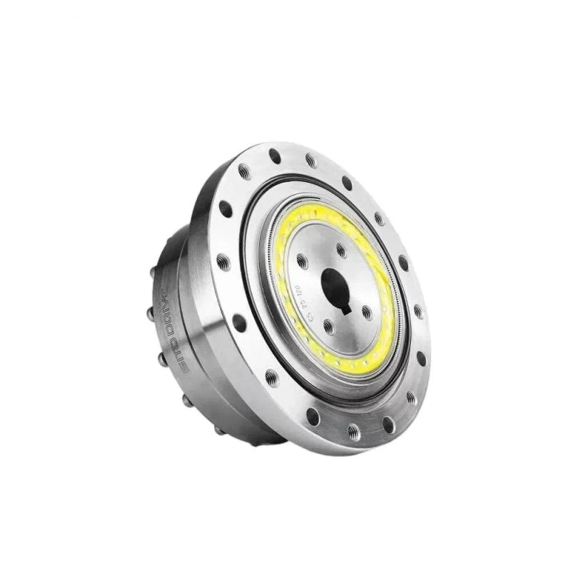 Angled front view of the SITO DRIVE CS-25-II reducer with circular mounting flange, center plate, and yellow ring detail.