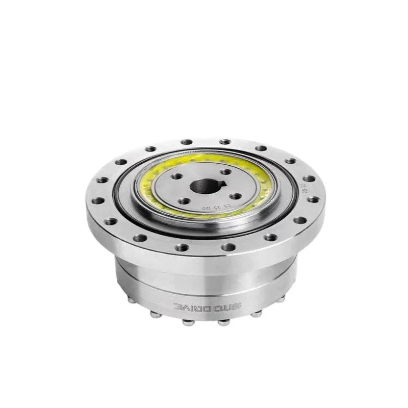 Low angled front view of the SITO DRIVE CS-25-II reducer showing the flanged face, center bore, and yellow ring detail.