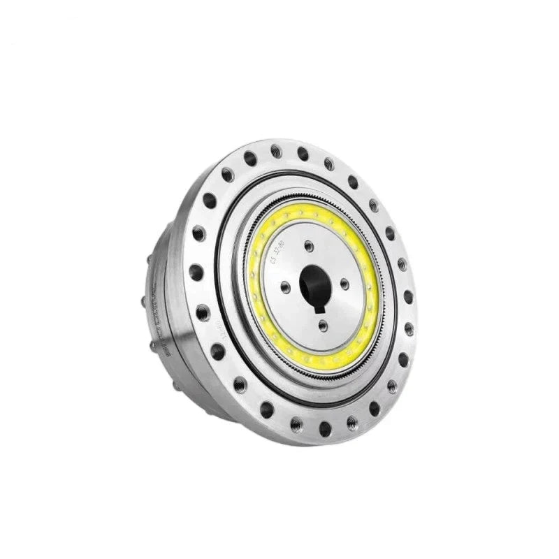 Angled front view of the SITO DRIVE CS-32-II reducer with a yellow internal ring and circular mounting flange.