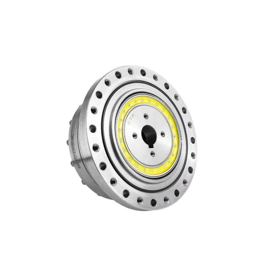 Angled front view of the SITO DRIVE CS-32-II reducer with a yellow internal ring and circular mounting flange.