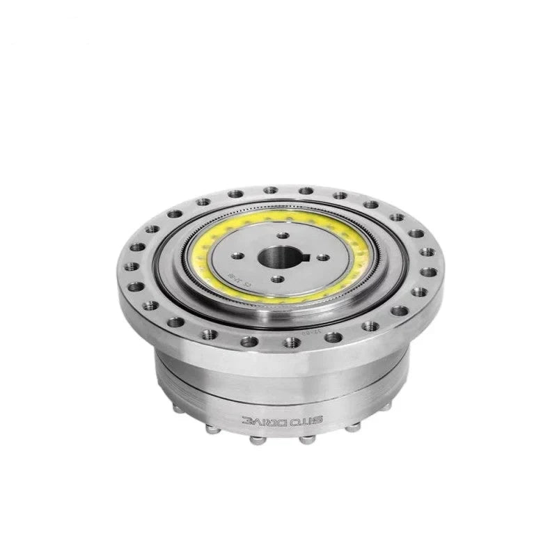 Raised front view of the SITO DRIVE CS-32-II reducer showing its circular flange, yellow ring, and cylindrical housing.