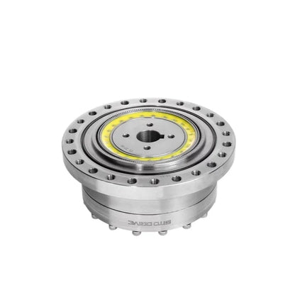 Raised front view of the SITO DRIVE CS-32-II reducer showing its circular flange, yellow ring, and cylindrical housing.