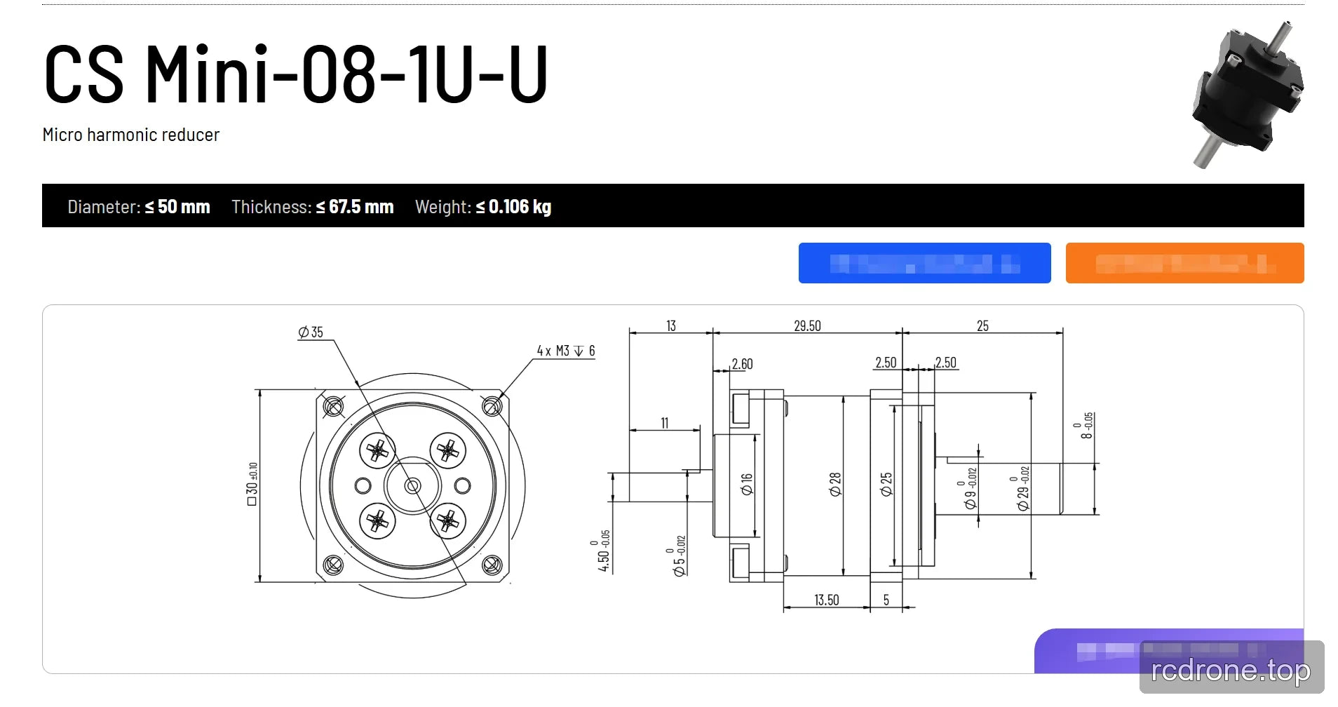 CS Mini-08-1U-U installation drawing with mounting and shaft dimensions