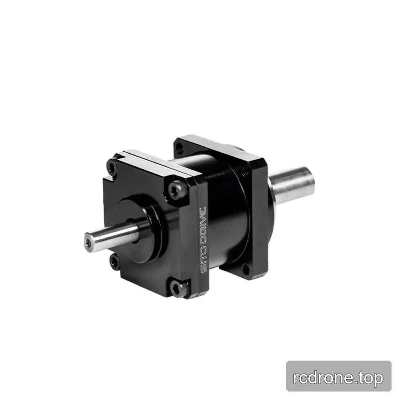 Angled rear view of the SITO DRIVE CS Mini-08 reducer with black mounting frame and silver shafts extending from both sides.
