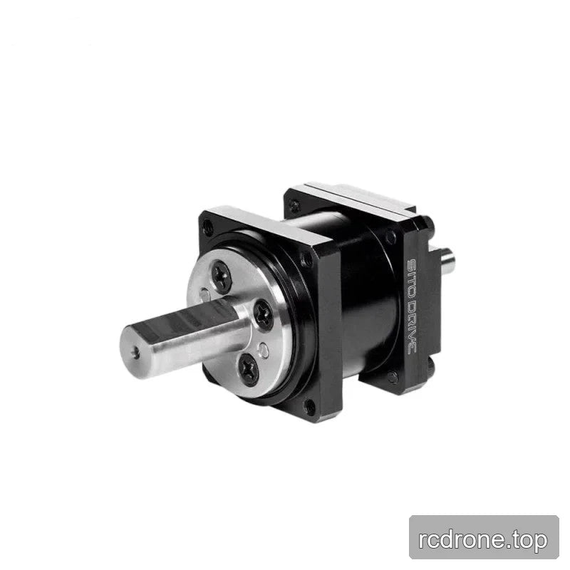 Angled front view of the SITO DRIVE CS Mini-08 reducer, showing the circular silver output face and square mounting frame.