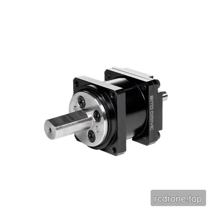 Angled front view of the SITO DRIVE CS Mini-08 reducer, showing the circular silver output face and square mounting frame.
