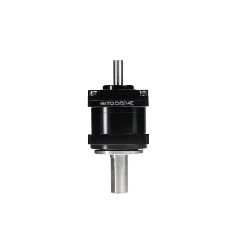 SITO DRIVE CS Mini-08 reducer in a straight-on upright view, showing its cylindrical black body and two silver shafts.