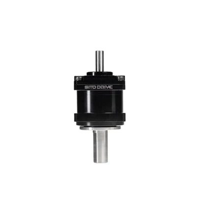 SITO DRIVE CS Mini-08 reducer in a straight-on upright view, showing its cylindrical black body and two silver shafts.