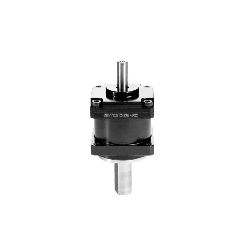 SITO DRIVE CS Mini-08 reducer shown upright with silver shafts at both ends and a black square mounting frame.